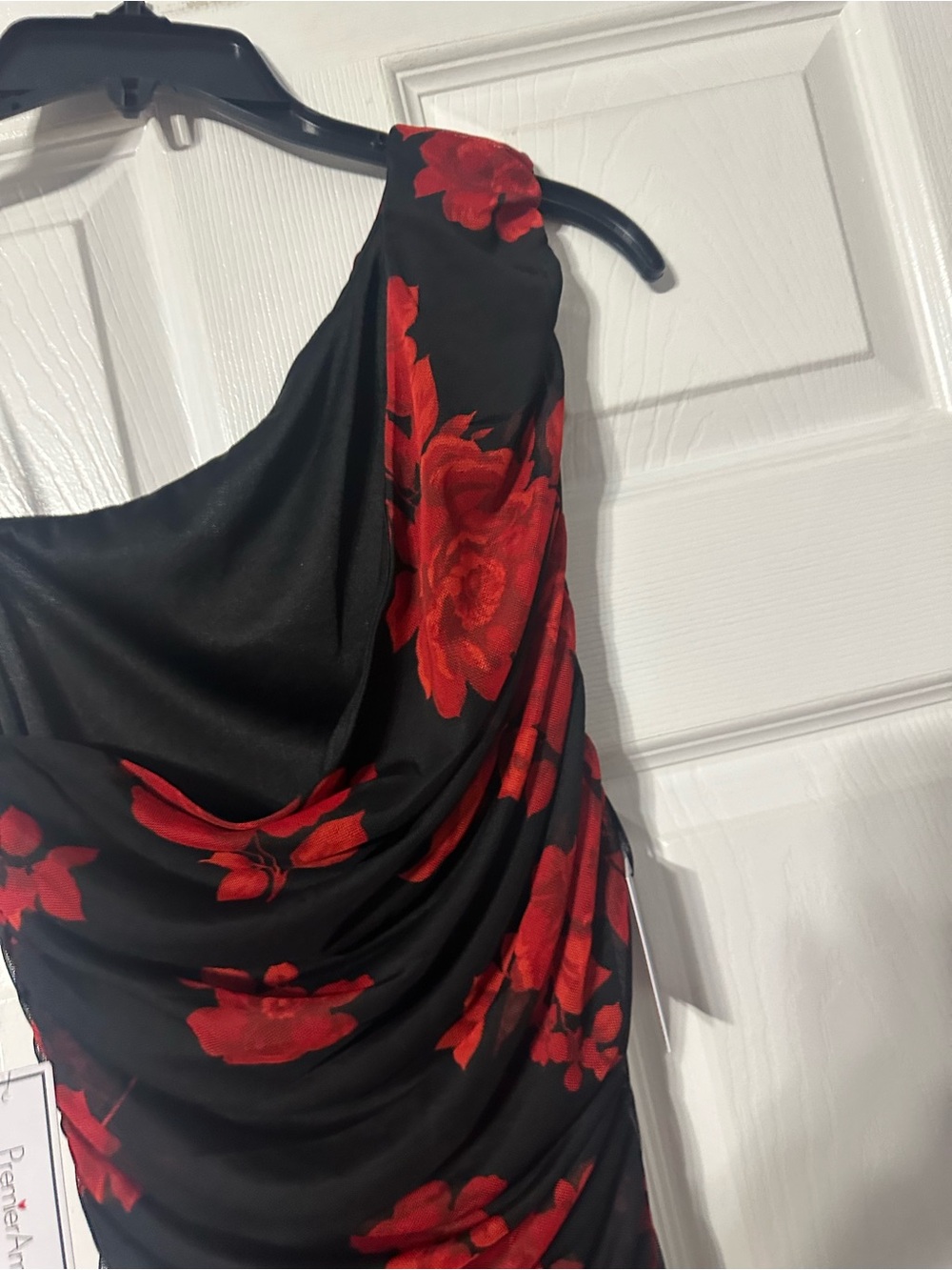 NWT Premier Amour One-Shoulder Ruched Black Dress with Red Floral Print - Picture 10 of 13